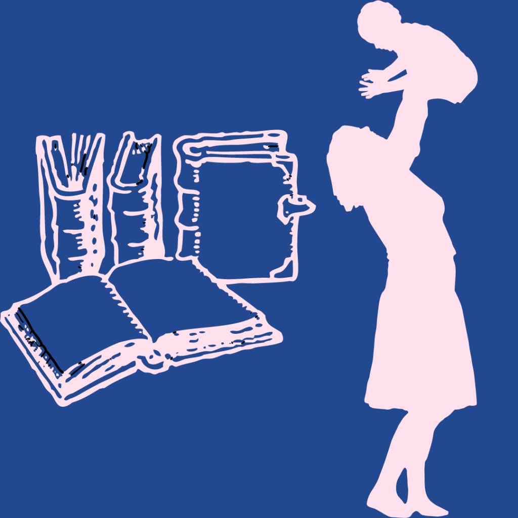 grafika przedstawiająca książki oraz mamę trzymającą na rękach dziecko